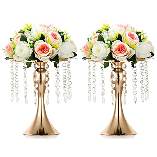 Nuptio 2 Pcs Crystal Flower Stand Wedding Centerpieces for Tables, 10.2in/26cm Height Flower Holders Centerpiece Metal Flower Vase for Wedding Party Reception Dining Room Living Room Decor - color: Gold, size: 2 x S