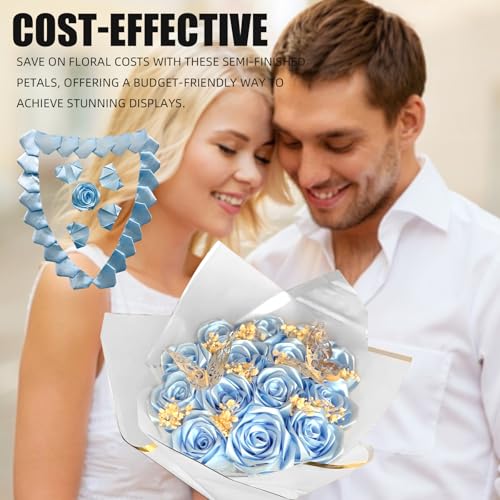 300Pcs Premade Satin Ribbon Rose Petals Half-Finished for Eternal Rose DIY Ramos Forever Flowers Bouquets Everlasting Floral,for Wedding,Anniversary,Birthday (300 Pcs Light Blue) - color: 300 Pcs Light Blue
