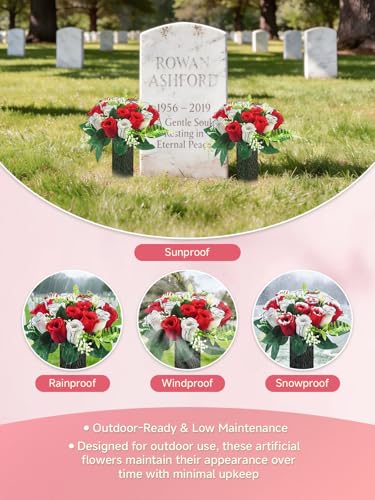 2-Pack Cemetery Flowers for Grave with Spiked Vases, 18-Stem Artificial Red & White Rose Memorial Flowers, Non-Bleeding Outdoor Gravesite Decorations for Headstones - color: Red & White