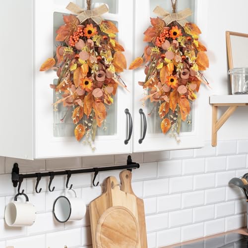 2 Pcs 24" Artificia Fall Teardrop Swag Autumn Harvest Sunflowers Pumpkins Leaves Berries Door Swag Hanging Flower Wreath for Thanksgiving Fall Front Door Window Wall Decor - color: Fall Swags-1