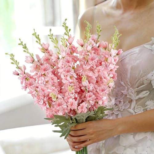 16Pcs Pink Delphinium Artificial Flowers 33.5'' Long Stem Larkspur for Tall Vase Fake Silk Flowers Bulk for Home Wedding Baby Shower Floral Arrangement Centerpiece Table Decoration (Light Pink) - color: Pink
