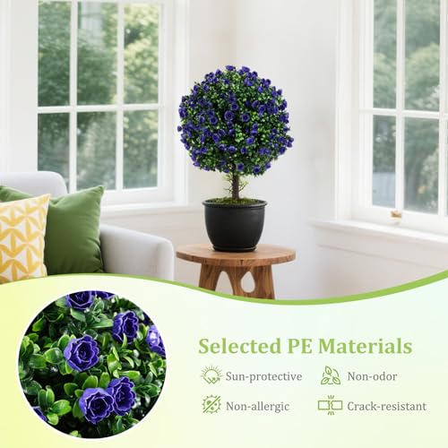Goplus 22'' Artificial Purple Rose Topiary Ball Tree, Set of 2 Faux Potted Plants Artificial Shrubs Bushes with Flowers, Fake Evergreen Boxwood Topiary for Indoor Outdoor Home Front Porch Decor - color: Purple Rose