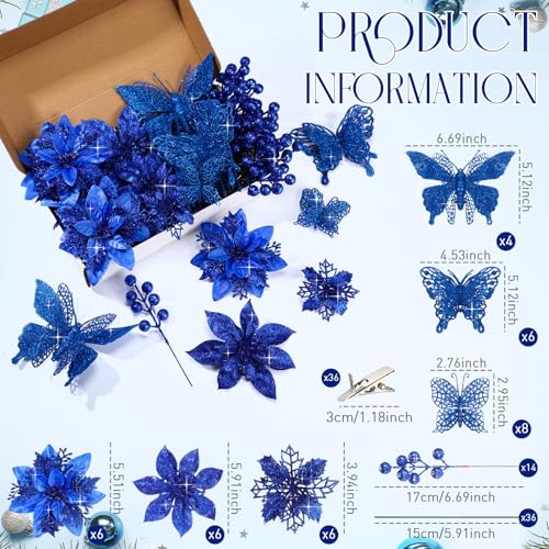 Thiccywoov 122 Pcs Christmas Glitter Poinsettia Artificial Flowers Berry Picks Butterfly Christmas Tree Ornaments 3 Styles Poinsettia kit with Clip for Xmas Wreath Home Tree Decor(Royal Blue) - color: Royal Blue