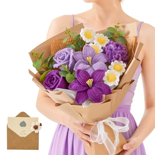 Alecono Crochet Flower Bouquet, Purple Knitted Flowers, Large Knitted Flower for Graduation Anniversary Party Christmas Festival Gifts (Include Card) - color: Lavender, size: X-Large