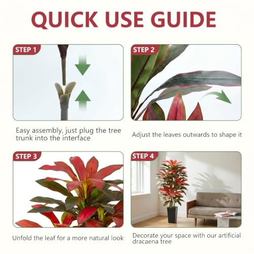 Artificial Red Dracaena Tree - 5FT Tall Fake Plants with Black Square Planter - Artificial Plants Indoor Floor Plant in Pot - Large Tropical Fake Yucca Potted Tree for Home Office Living Room Decor - color: Black-red Leaf, size: 5 FT