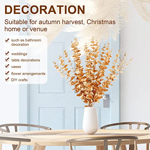Waydress 12 Pieces Gold Eucalyptus Stem 16 Inch Artificial Eucalyptus Spray Fake Leave Decor Fall Faux Floral Arrangement Faux Flower for Wedding Party Bouquet Home Farmhouse Vase DIY Craft