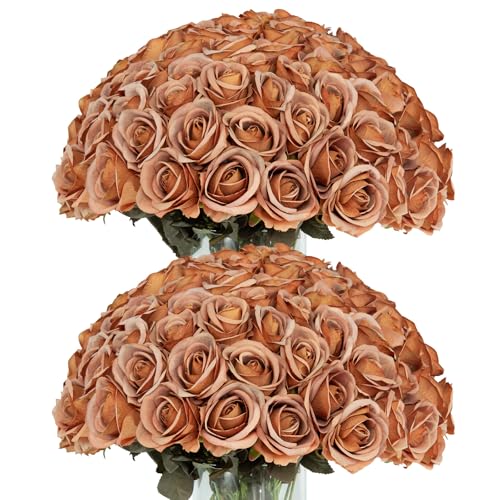 DuHouse 50pcs Artificial Fall Silk Roses with Stems,Fake Flowers for Wedding Decorations, Table Centerpieces, Bridal Bouquets, DIY Floral Arrangements, Party & Home Decor (Burnt Orange-A) - color: Burnt Orange-a