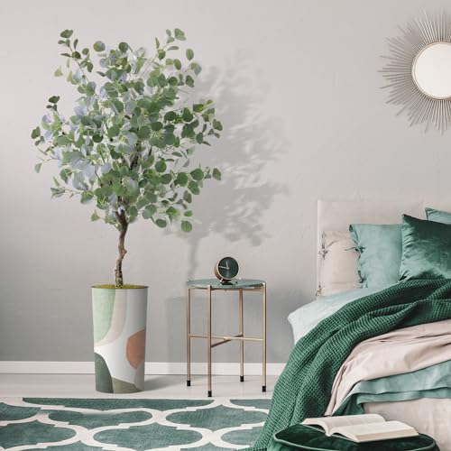 Artificial Tree in Multicolor Textured Geometric Shapes Illustrations Planter, Fake Eucalyptus Silk Tree for Indoor and Outdoor Home Decoration - 66" Overall Tall (Plant Pot Plus Tree) - style: Eucalyptus Tree