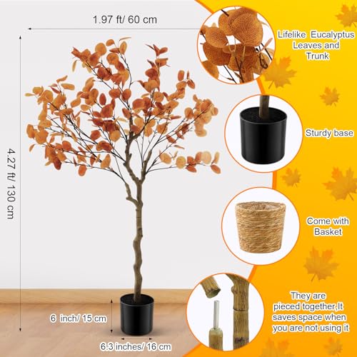 Giegxin 2 Pack 4ft Fall Artificial Eucalyptus Trees with Weaving Plant Baskets Faux Autumn Stem with Eucalyptus Leaves Artificial Fall Tree Decor for Porch Front Home Office - color: Orange, style: Eucalyptus Leaves