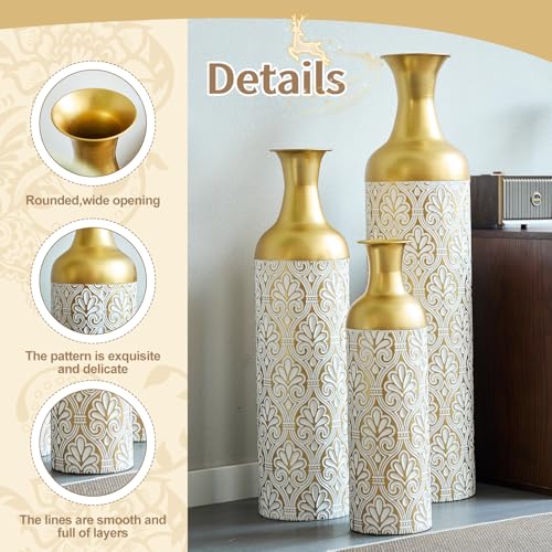 Floor Vases, Tall Home Decor Metal Vase Set of 3 Large Glazed Decorative Vases for Wedding Decor, Elegant Modern Flower Holder for Living Room, Entryway, Hallway (Golden White, Set of 3) - color: Golden White