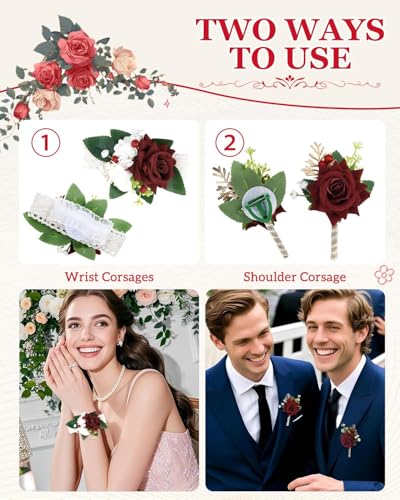 eZAKKA Red Rose Corsage and Boutonniere Set with Elastic Wristlet, Handmade Artificial Flower Wrist Corsage for Prom Wedding Homecoming Accessories, 2Pcs Suit Decoration (Red & White) - color: Red-white