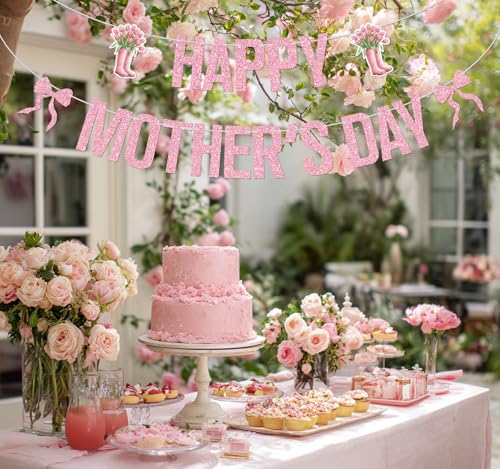 Pink Glitter Happy Mother's Day Banner, Feliz Dia Mama/Best Mom Ever, Bowties Tulip Bouquet Mother's Day Mother's Birthday Party Decorations Supplies