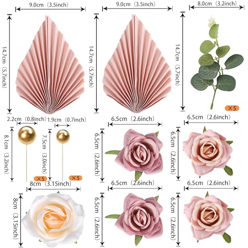 Rsstarxi 22 Pack Rose Artificial Flower Leaves Cake Decorations Gold Balloon Paper Palm Fan Cake Toppers for Happy Mother's Day DIY Wedding Bithday Valentine's Day Party Cake Decorations Supplie - color: Design 2