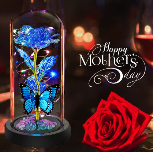 Mothers Day Rose Flower Gifts for Mom, Birthday Gifts for Women, Galaxy Crystal Light Up Rose Flowers in A Glass Dome, Mother Day Presents Wife Grandma Sister Her Mom from Daughter Butterfly Blue - color: A-blue