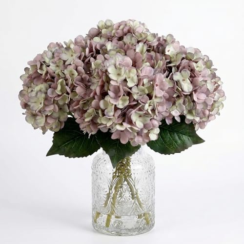 6Pcs Artificial Fake Flowers Plants Silk Hydrangea 1 Flower Head Arrangements Wedding Bouquets Decorations Plastic Floral Table Centerpieces Home Kitchen Garden (Gray Purple) - color: Gray Purple