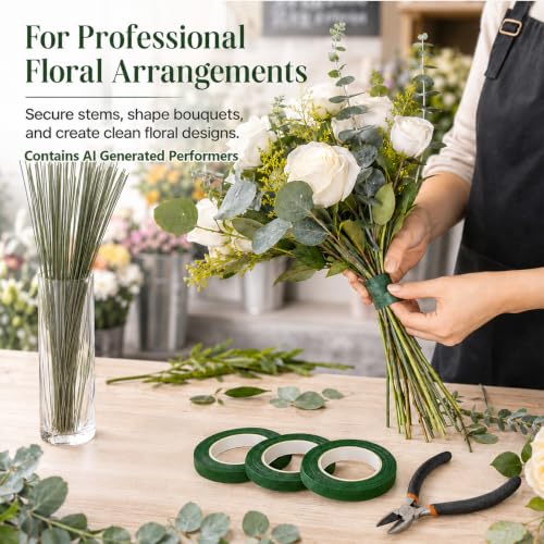 RAINFLOW Mother's Day Floral Arrangement Kit - Floral Tape & Floral Wire Set with Boutonniere Pins & Cutter, Includes 22 Gauge & 26 Gauge Wire for Bouquet & Wreath Making