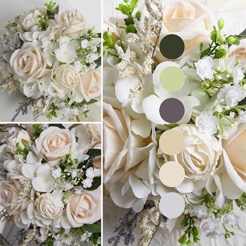Wedding Bouquets for Bride Bridesmaid, White Champagne Artificial Roses Flowers with Ribbon Bow for Wedding Prom Church Decoration, Ceremony, Anniversary (8in)