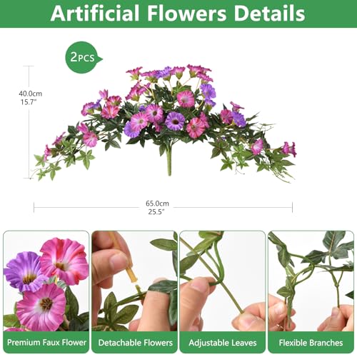Artificial Fake Flowers Hanging Plants for Outdoor Spring Summer Decoration, 2Pcs Faux Petunias Realistic Silk Flower UV Resistant No Fade for Home Outside Garden Balcony Yard Porch (Purple Fuchsia) - color: Purple Fuchsia