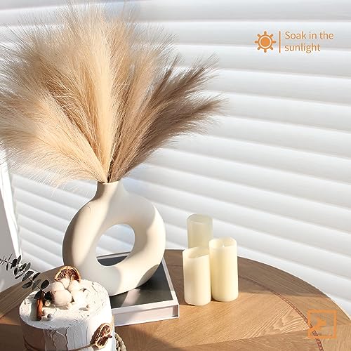 ZIFTY 42-Piece Fluffy Faux Pampas Grass Decor, 6 Hand-Bundled Packs of 7, 17" Short Artificial Pampas Grass Bulk, Boho Fake Flower Vase Filler, Home Wedding Decor, Beige & Taupe - color: Beige & Taupe, size: 17in 6pcs