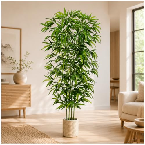 Artificial Bamboo Tree: 6FT Fake Bamboo Plant Faux Tall Nandina Tree with Dense Green Leaves in Woven Planter for Indoor Home Decor Office Living Room Corner Decoration Zen Oriental Minimalism