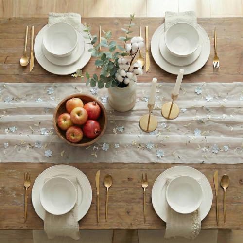 Artoid Mode Dusty Blue 3D Flower Gauze Embroidery Table Runner 120 Inch 10FT, Tulle Seasonal Spring Kitchen Dining Holiday Table Decor for Home Party - color: White-dusty Blue