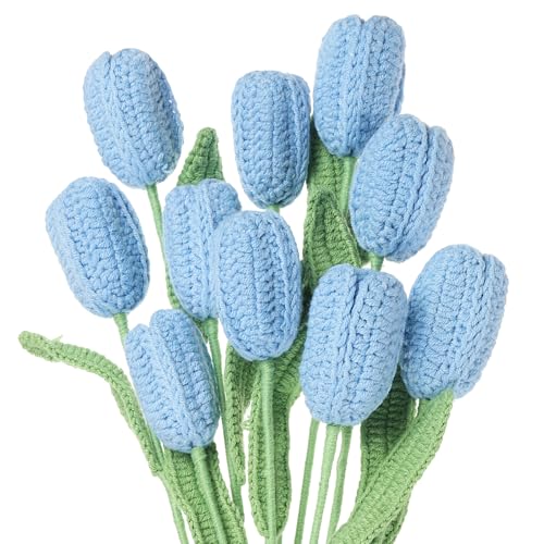 MECCANIXITY Tulip Crochet Flowers, Artificial Knitted Tulip Flower Completed Handmade Tulips Bouquet for Gift Home Birthday Wedding Decoration, Blue Pack of 10 - color: Blue