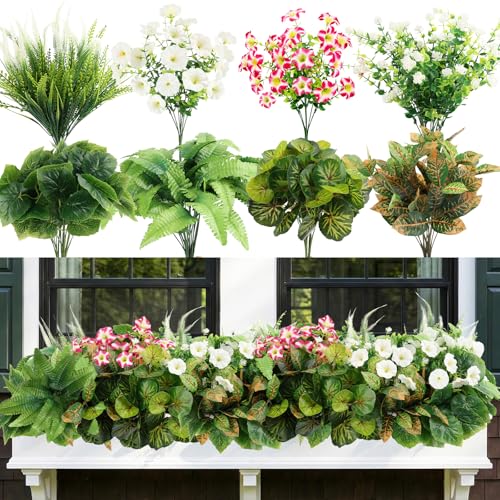 20 Pcs Artificial Plants Outdoor, Realistic Faux Greenery & Flowers UV Resistant Fake Plastic Begonia Morning Glory Eucalyptus Fern for Outdoor Decorations Patio Garden Front Porch Yard Decor