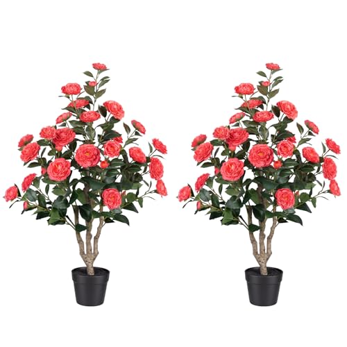 2 Pack 3FT Artificial Camellia Tree with Pink Flowers, UV Resistant Extra Lush Faux Potted Flowering Plant for Indoor Outdoor Front Porch Patio Home Office Decor, 36 Inch Tall Fake Tree - color: Camellia Tree Pink