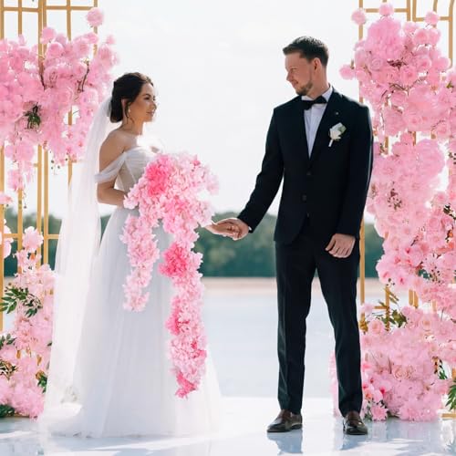 Sosation 35 Inch Artificial Wedding Bouquet for Bride, Pink Fake Cherry Blossom Flowers Cascading Bridal Cherry Blossom Bouquet, Boho Rustic Ceremony Decor for Outdoor Wedding Party Bridal Shower