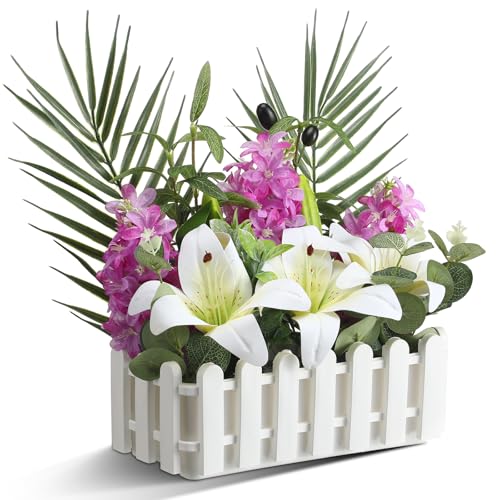 Floral Centerpieces for Tables Spring Flower Table Centerpieces for Dining Room in Picket Fence Pot Artificial Lily and Hyacinth Arrangement with Palm Leaves Eucalyptus for Home Wedding Kitchen Table