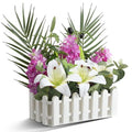 Floral Centerpieces for Tables Spring Flower Table Centerpieces for Dining Room in Picket Fence Pot Artificial Lily and Hyacinth Arrangement with Palm Leaves Eucalyptus for Home Wedding Kitchen Table