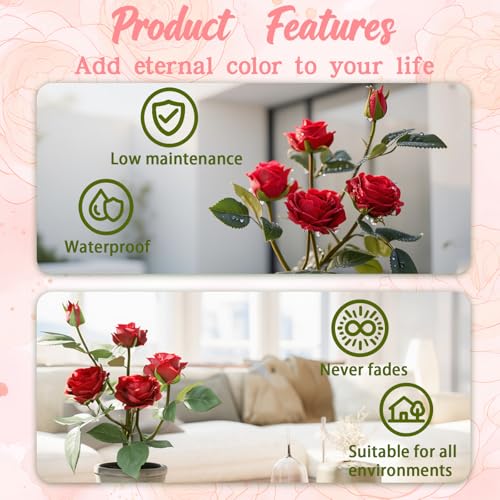 Rose in Pot Decor Potted Artificial Flowers Mini Plants Faux Flowers Indoor Small Decor Fake Roses for Home, Bathroom, Kitchen, Offices, Wedding Party Centerpieces (Rose Red) - color: Rose Red