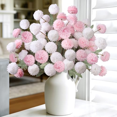 INQCMY Artificial Flowers 12 Pcs Fake Chrysanthemums Faux Kiku Flower Long Stem 20" Realistic Silk Pompon Mums for Vase Wedding Bouquets Centerpieces Home Decor (White Pink) - color: White Pink
