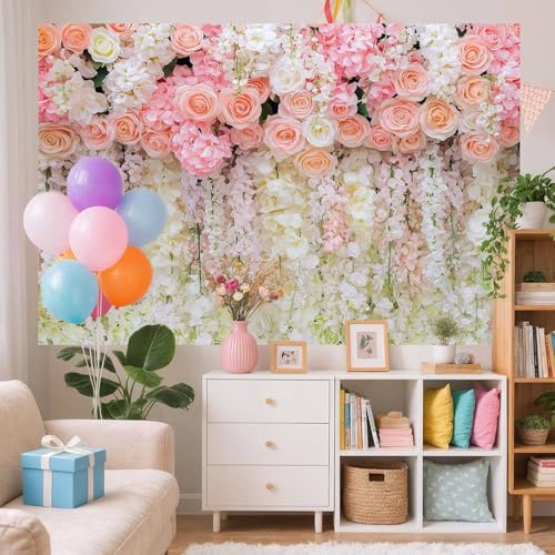 5x3ft Pink Rose Flower Wedding Photography Backdrop Spring Floral Photography Backdrop Valentine's Day Mother's Day Girl Birthday Baby Shower Wedding Bridal Party Banner Photo Booth Props Background - color: Multi9, size: 5X3FT