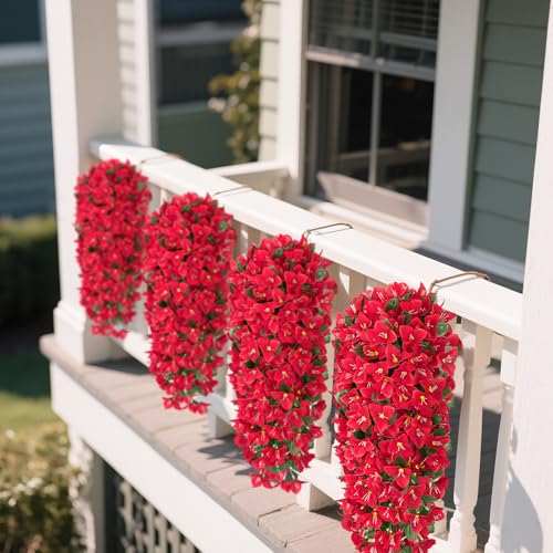 Artificial Bougainvillea Flowers Plants for Outdoors Decoration, 2 Pcs Faux Silk Flowers Long Trailing Fake Vines for Front Door Porch Planter Balcony Patio Summer Spring Home Decor, Red - color: Red