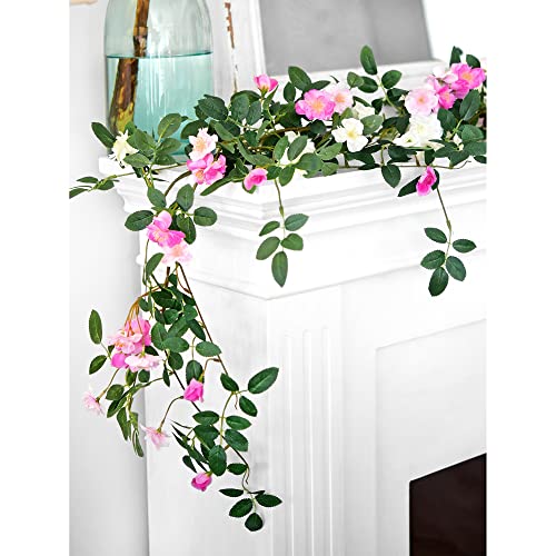 FiveSeasonStuff Fuchsia Pink Wild Rose Vine Garland, Two Faux Silk Floral Garlands with Greenery, Bendable Decorative Vines 12 ft Total - color: Fuchsia Pink