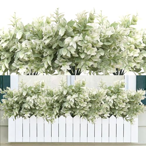 6 Bundles Artificial Greenery Stems, 14.5" Fake Lucky Bamboo Leaves Faux Outdoor Plants UV Resistant Plastic Shrubs for Outside Home Garden Wedding Patio Porch Farmhouse Pathway Indoor Decorations - color: White