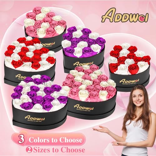 ADDWel Romantic Preserved Roses Bouquet for Her Anniversary, Birthday Flower Gifts for Women, 16-Pieces Eternal Roses with Natural Fragrance in Heart-Shape Box for Wife Girlfriend Mom - color: Pink & White
