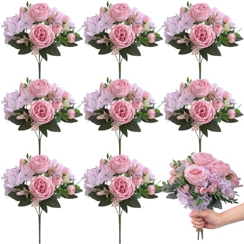 Yunsailing 8 Packs Artificial Peony Flowers Faux Silk Hydrangea Bouquet Vintage Wedding Home Table for Door Decor Reusable Bouquet of Rose Flowers for Valentine Wedding Birthday Party(Pink Purple) - color: Pink Purple, style: Hydrangea
