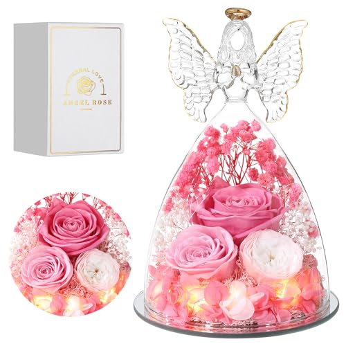 Mothers Day Rose Gifts for Women Preserved Real Flower in Glass Angel Figurines Roses for Delivery Prime Birthday Gifts for Mom Grandma Girlfriend Wife Her,Pink Austin Roses - color: Pink With Austin Roses