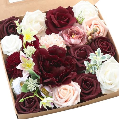 Floroom Burgundy Artificial Flowers Marsala Fake Roses Peonies Dahlia Greenery Combo Box Set for DIY Dark Red Wedding Bouquets Bridal Shower Centerpieces Floral Arrangements Party Tables Decoration - color: Romantic Burgundy