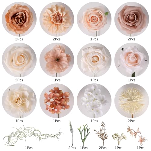 Kisflower Flowers Artificial Combo Cake Flowers Decorations Fake for DIY Wedding Bridal Bouquet Centerpieces Arrangements (Boho Nude) - color: Boho Nude