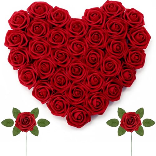 Lifewit Artificial Flowers, 50 Pcs Dark Red Foam Real Looking Roses with Stems, Fake Roses for DIY Wedding Bouquets, Centerpieces Arrangements, Valentine Decorations - color: Dark Red