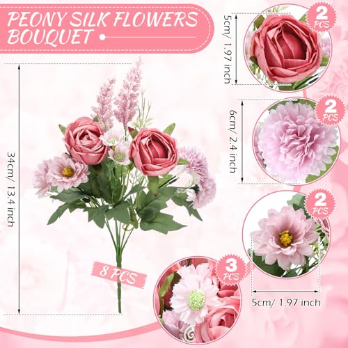 Zeyune 8 Pcs 13.4 Inch Artificial Flowers Bouquet Fake Silk Flowers Faux Bouquet Hydrangea Bouquets for Wedding Birthday Table Centerpieces Home Office Decoration (Rose,Bean Paste Pink) - color: Bean Paste Pink, size: Rose