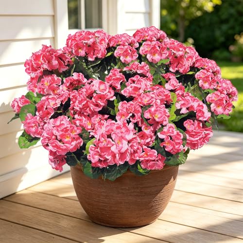 12 Bundles Artificial Geranium Fake Flowers for Outdoor UV Resistant, Outside Spring Pink Flower Decoration for Home Kitchen Table Cemetery Garden Planter, Front Door Silk Faux Plants - color: Rose Pink, size: 12ps