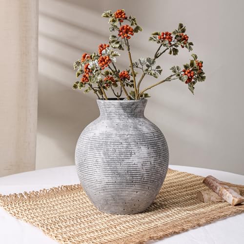 Ceramic Flower Vase Home Decor, 7.4 in Farmhouse Table Vases Retro Vintage Living Room Kitchen Bedroom Decoration Pottery Decorative Vases for Flowers House Shelf Office Desk Dining Entryway, Grey - color: 7.4 in - Grey