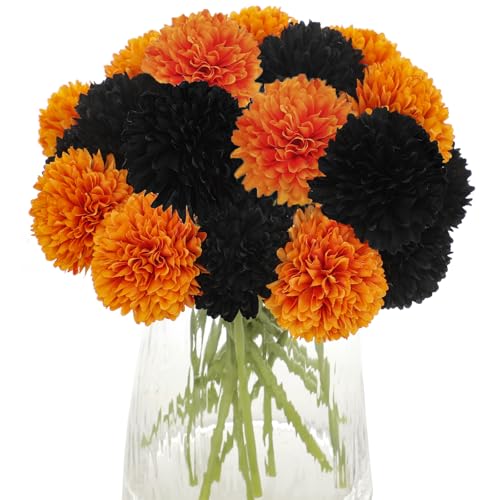 Kimura's Cabin 20Pcs Faux Mums Flowers Fake Chrysanthemum Artificial Silk Ball Flowers for Halloween Garden Home Kitchen Table DIY Decoration Center Fall Bouquets (Orange Black) - color: Orange Black