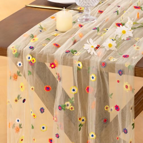 Socomi Flower Table Runner Summer Daisy Floral Tulle Gauze Cheesecloth Embroidery Table Runners for Tea Party Garden Wedding Bridal Baby Shower Birthday Picnic Decor Beige 1pc - color: Daisy Beige, size: 10ft X 1pc