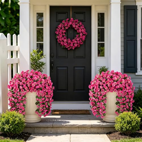 INXUGAO Artificial Fake Hanging Flowers Plants for Outdoor Summer Decoration,2 PCS Faux Silk Fuchsia Orchid Long Vines Stems Bouquet UV Resistant for Wall Home Porch Patio Outside(Pink) - color: B-pink