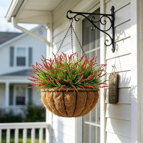 Outdoor Faux Plants, 12 Pcs Fake Plant UV Resistant Monkey Grass Lavender Flowers, Artificial Greenery Shrubs Bush for Outside Planter Patio Garden Front Porch Door Yard Spring Summer Decor, Red - color: Red